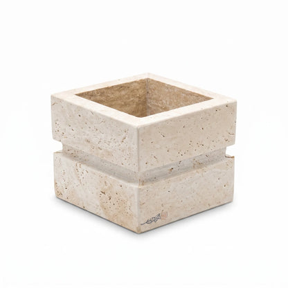 Natural Stone Travertine Vase – 13 x 16 x 16 cm | Off-White & Beige | Square Open-Top Design | Textured Home Décor