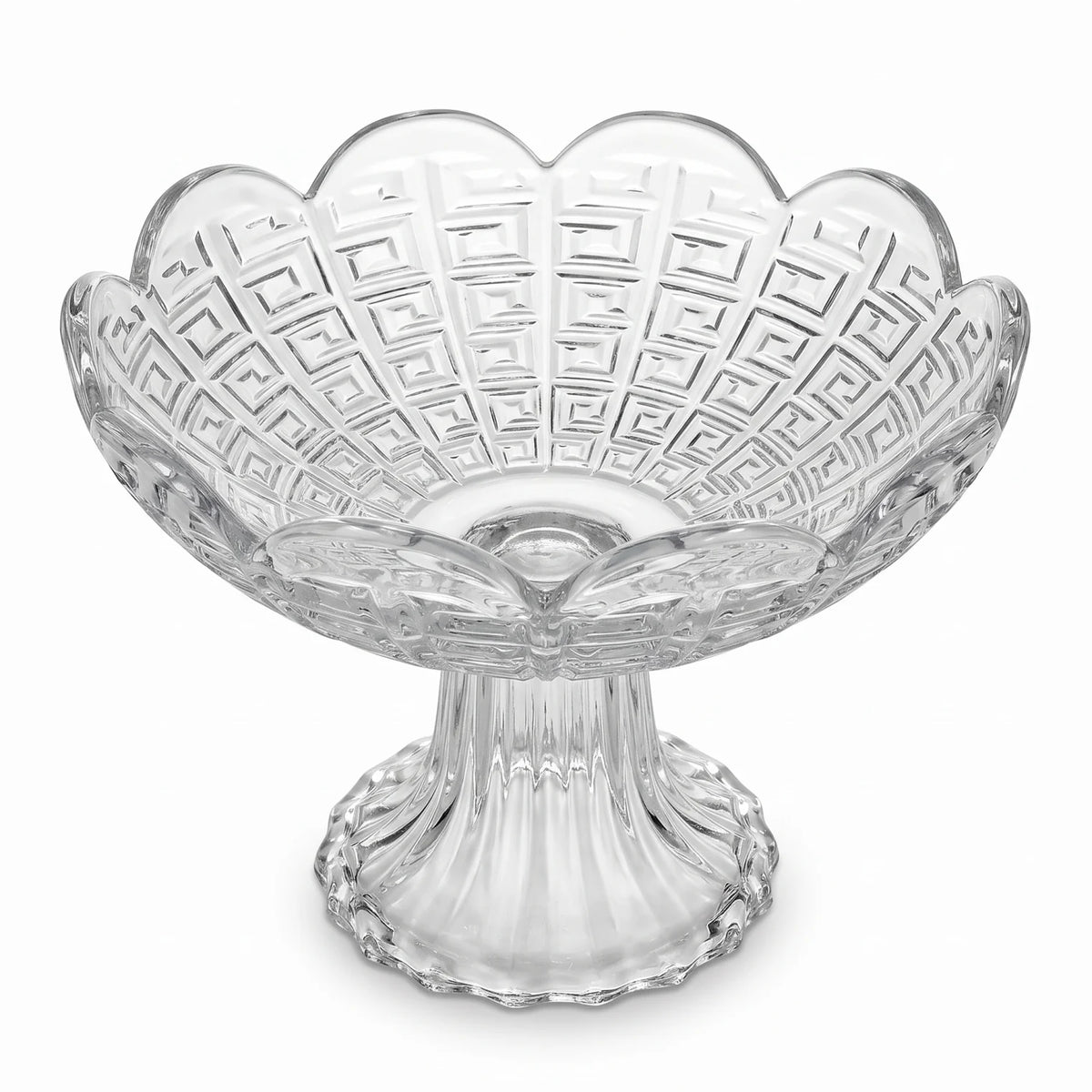 Decorative Glass Fruit Bowl – 16 x 16 x 12 cm | Greek-Key Pattern | Fluted Pedestal Base | For Fruits and Desserts