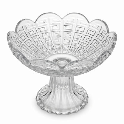 Decorative Glass Fruit Bowl – 16 x 16 x 12 cm | Greek-Key Pattern | Fluted Pedestal Base | For Fruits and Desserts
