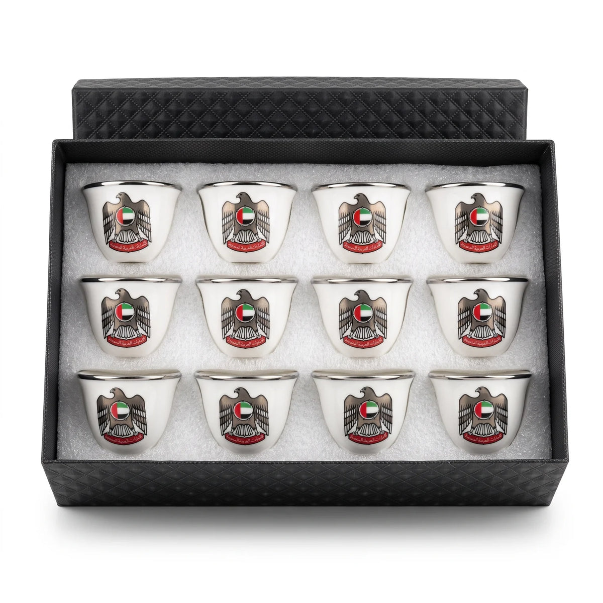 Pilsco 12 Pieces Arabic Coffee Cup Set – White Handleless Cups with Silver Rims and UAE Emblem in Presentation Box