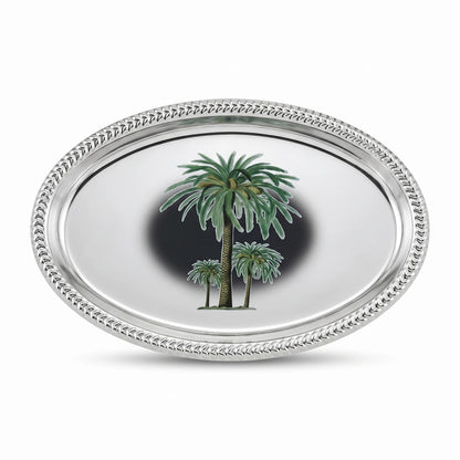 Silver-Toned Oval Serving Tray 28 x 17 x 2 cm with Beaded Rim and Palm Tree Artwork