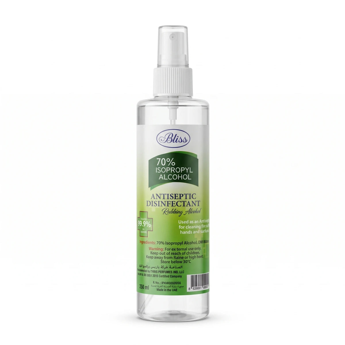 Bliss 70% Isopropyl Alcohol 250 ml – Antiseptic Disinfectant and Rubbing Alcohol for External Use