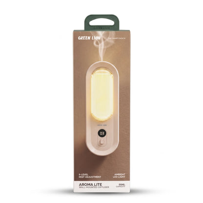 GREEN LION AROMA LITE Wall-Mounted Aroma Diffuser – 55ML, 5-Level Mist Adjustment, Ambient LED Light, Digital Display, White with Green Handle