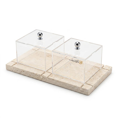 Real Marble Stone Base with 2 Acrylic Jars – Clear Display and Storage Set | Height 9, Width 15, Length 28