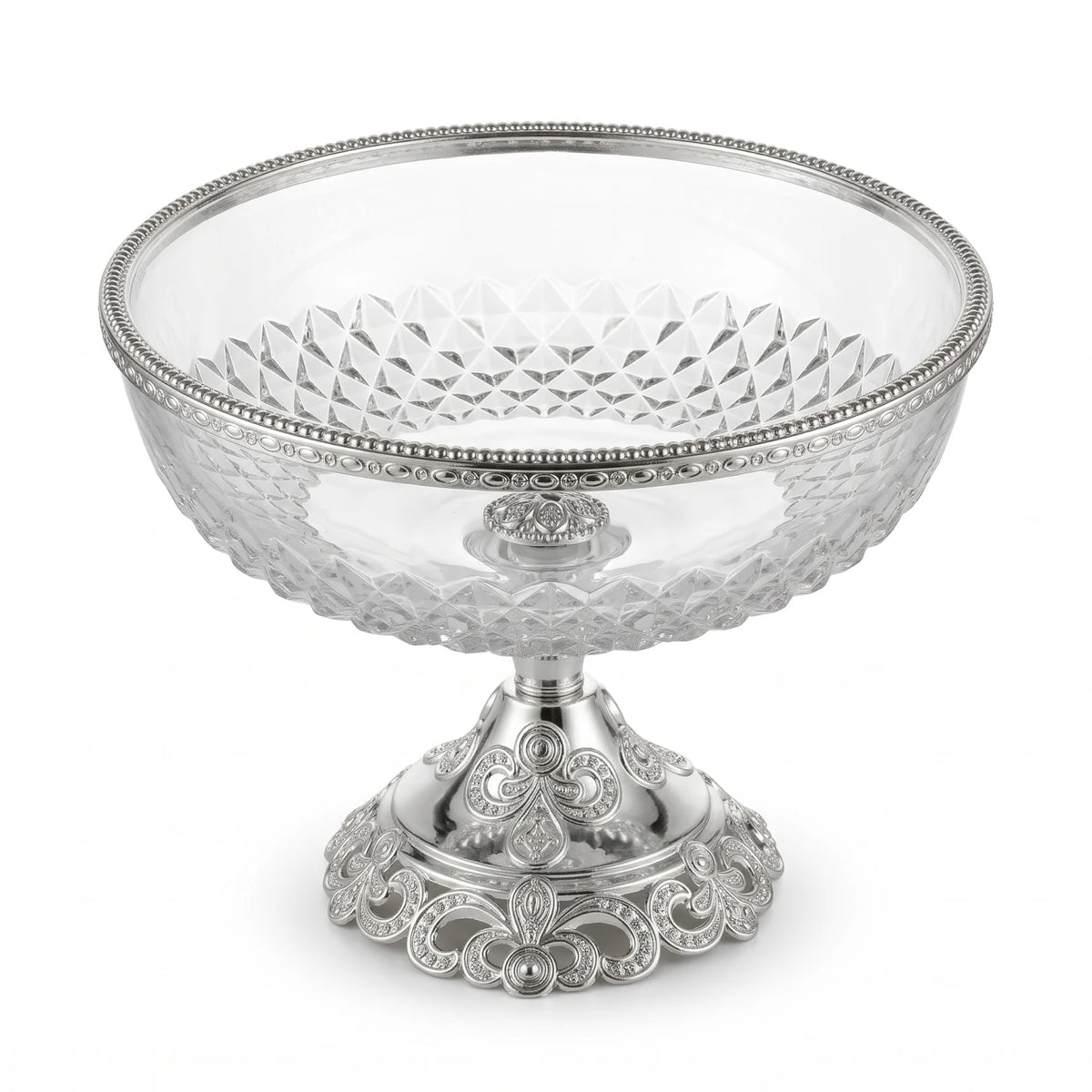 Glass Serving Bowl 28 cm × 22 cm – Elevated Pedestal Design | Faceted Clear Glass with Decorative Metal Base and Rim - Silver - Image 1