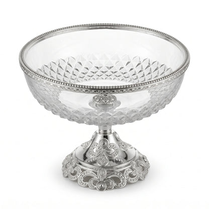 Glass Serving Bowl 28 cm × 22 cm – Elevated Pedestal Design | Faceted Clear Glass with Decorative Metal Base and Rim - Silver - Image 1