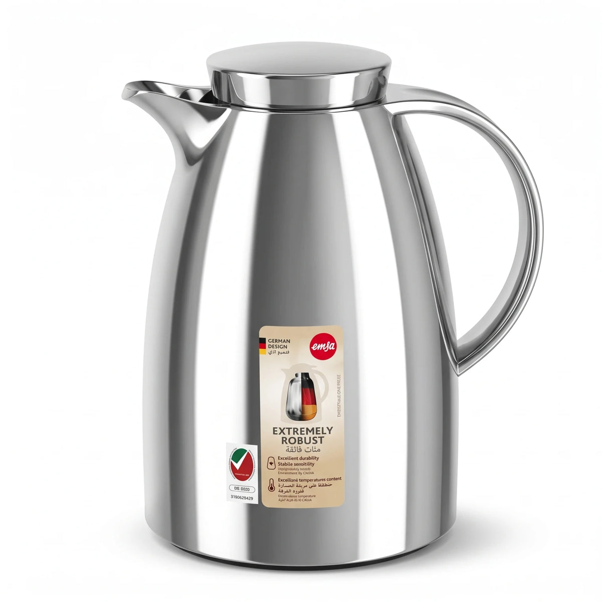 Emsa Auberge Chrome Flask 1 Liter – Premium Plastic, Leak Proof, 12-Hour Hot & 24-Hour Cold Thermal Carafe