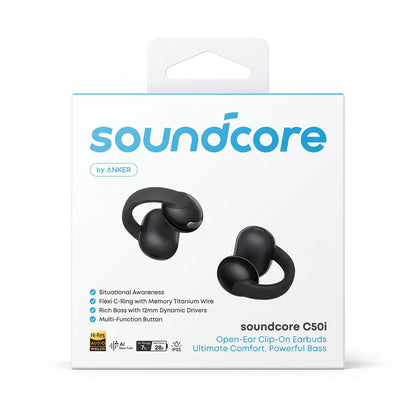 soundcore by ANKER C50i Open-Ear Clip-On Wireless Earbuds – Black | 12mm Dynamic Drivers | 7H Battery Per Charge | IP55 | AI Clear Calls