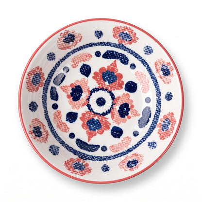 22 CM Porcelain Bowl – Glossy White Finish, Red and Pink Rim, Dark Blue Floral Geometric Pattern | Decorative Tableware Bowl