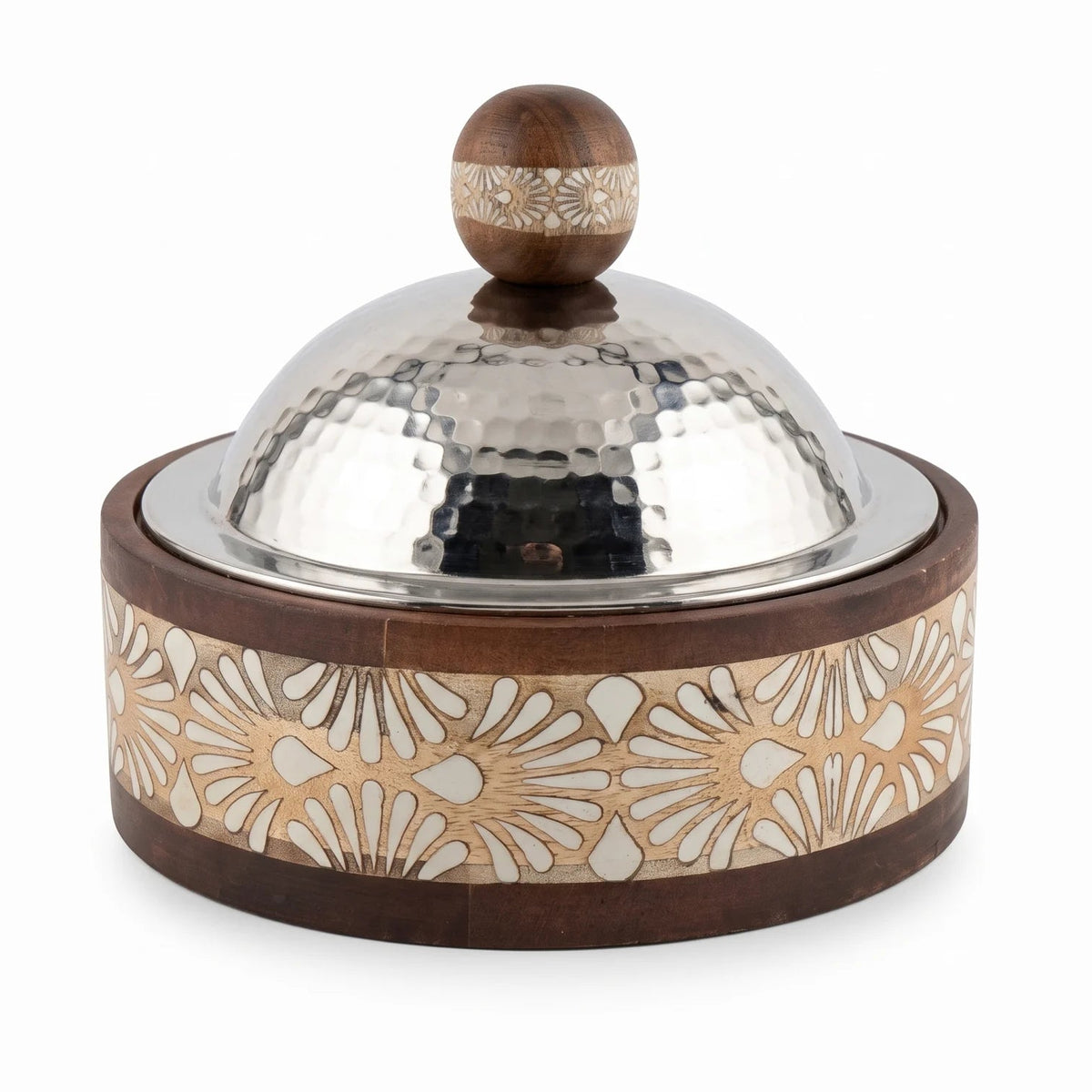 Dallah Addar Wooden and Steel Serving Pot with Lid, 15 x 18 x 18 cm | Halwa, Sweets, Candy and Nuts Serving Container