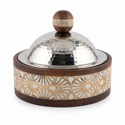 Dallah Addar Wooden and Steel Serving Pot with Lid, 15 x 18 x 18 cm | Halwa, Sweets, Candy and Nuts Serving Container