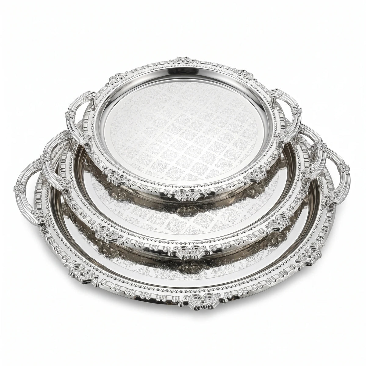 Ripple 3-Piece Luxury Metal Serving Tray Set – Ornate Handles, Floral Pattern Centers, Decorative Raised Rims, Small to Large Sizes - Silver - Image 1