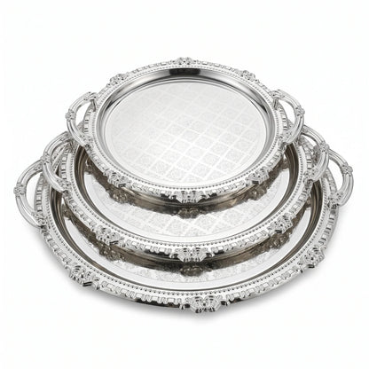 Ripple 3-Piece Luxury Metal Serving Tray Set – Ornate Handles, Floral Pattern Centers, Decorative Raised Rims, Small to Large Sizes - Silver - Image 1