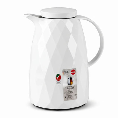 Emsa Auberge Diamond White Vacuum Flask 1.5 Liter – Premium Plastic Body | Leak Proof | Keeps Drinks Hot 12 Hours or Cold 24 Hours