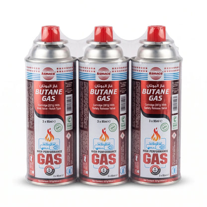 Asmaco Butane Gas Pack of 3 (3 x 95ml) – High Performance Gas Cartridges with Male Valve, Notch Type, Safety Release Valve and EN417 Marking