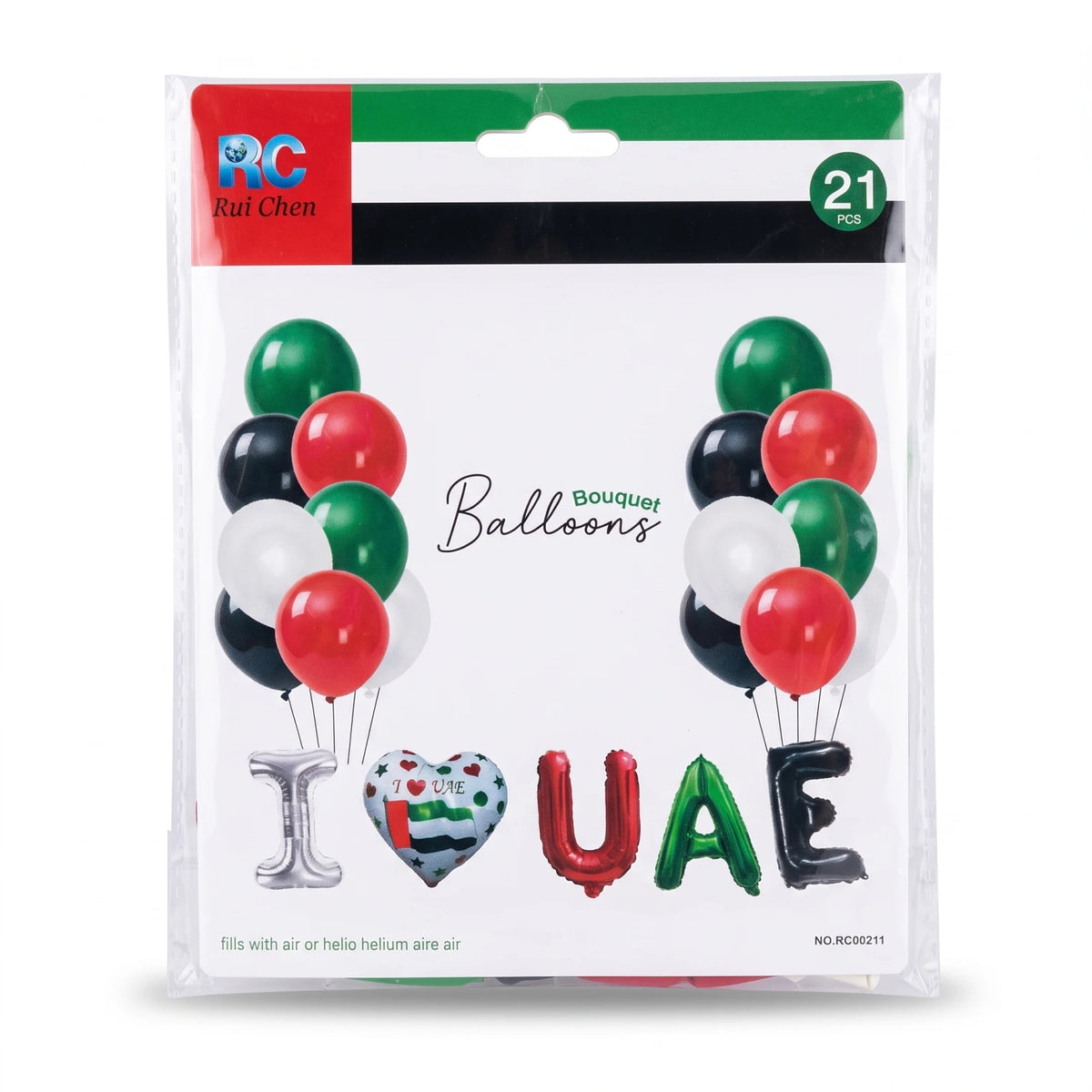 UAE National Day Bouquet Balloons – 21 Pieces | Multicolor Party Balloon Set for Air or Helium