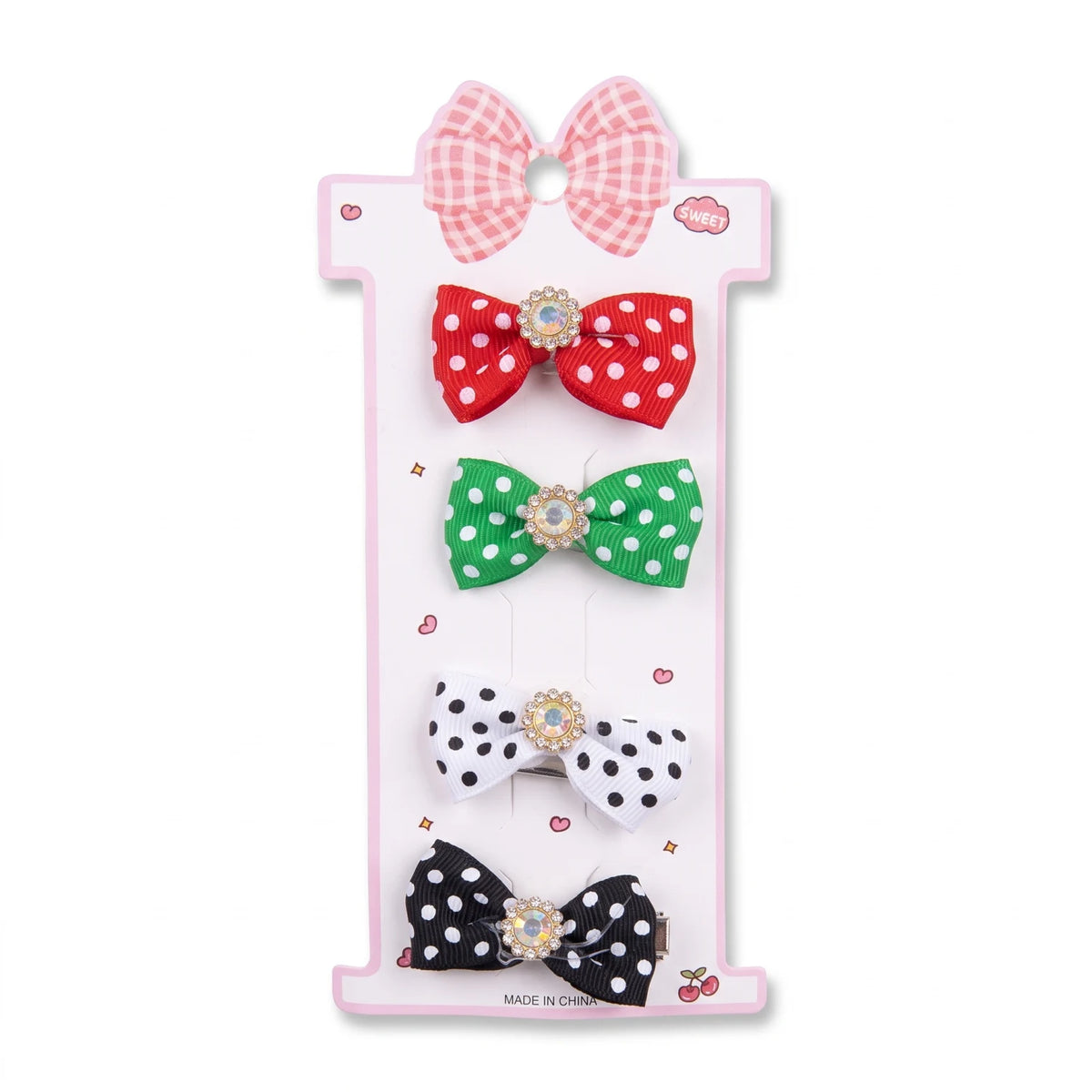 UAE Color Hair Clips – 4-Piece Red, Green, White & Black Polka-Dot Bow Clips with Decorative Centers for National Day and Flag Day Hair Styling