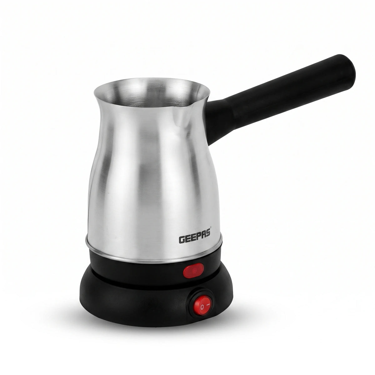 Geepas Turkish Coffee Maker GK38050 – 0.8L | Stainless Steel Body | 360° Rotation | Foamy Finish | White, Silver and Black
