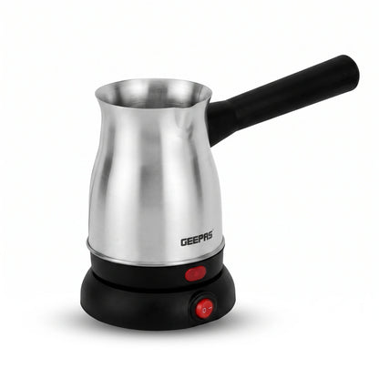 Geepas Turkish Coffee Maker GK38050 – 0.8L | Stainless Steel Body | 360° Rotation | Foamy Finish | White, Silver and Black