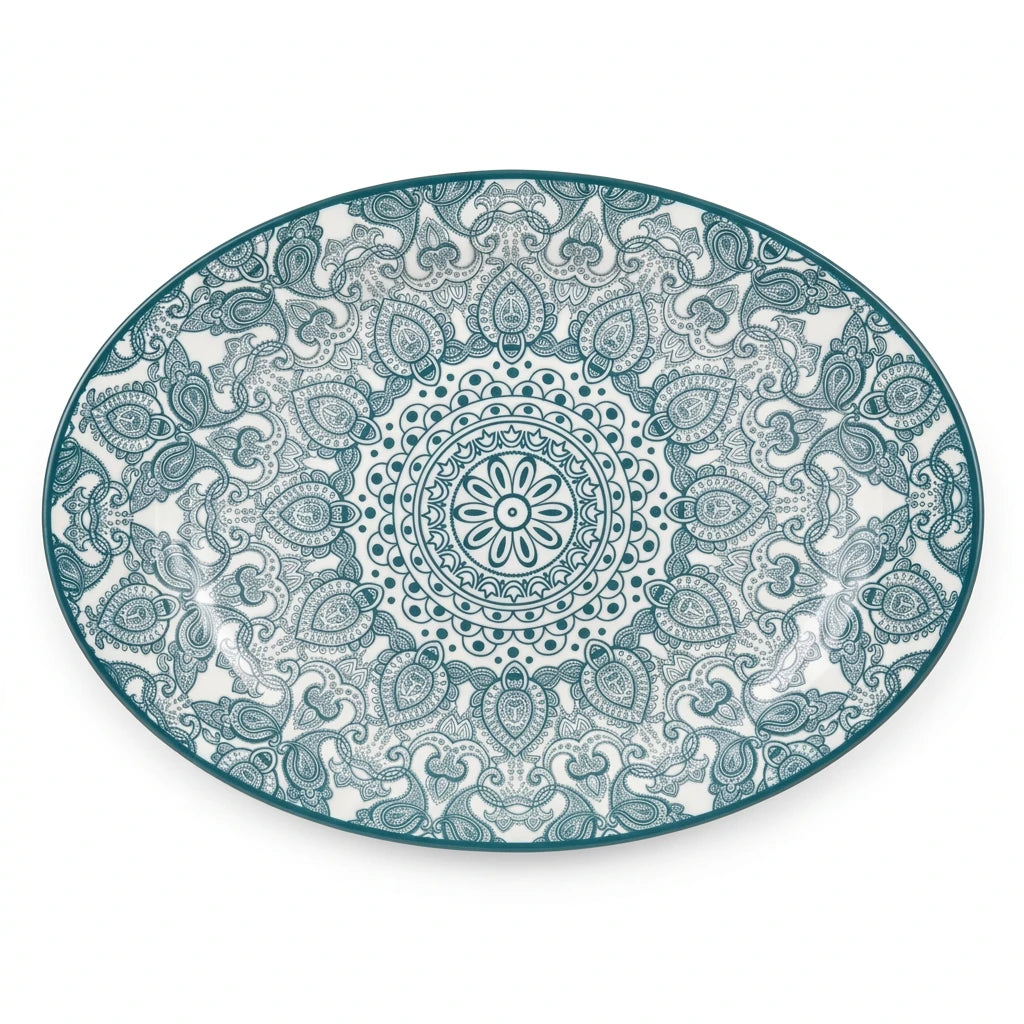 Che Brucia Oval porcelain plate – 30 CM or 35 CM | Green or Blue | Glossy Decorative Porcelain Serving Plate with Raised Rim and Ornamental Pattern - Green / 35 CM - Image 1