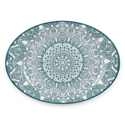 Che Brucia Oval porcelain plate – 30 CM or 35 CM | Green or Blue | Glossy Decorative Porcelain Serving Plate with Raised Rim and Ornamental Pattern - Green / 35 CM - Image 1