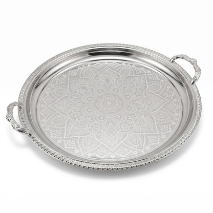 M.E.W Round Stainless Steel Serving Tray – Large & Extra Large | Mandala Floral Pattern | Decorative Handles | Silver, Gold & Silver - Gold - Silver / Large - Image 1