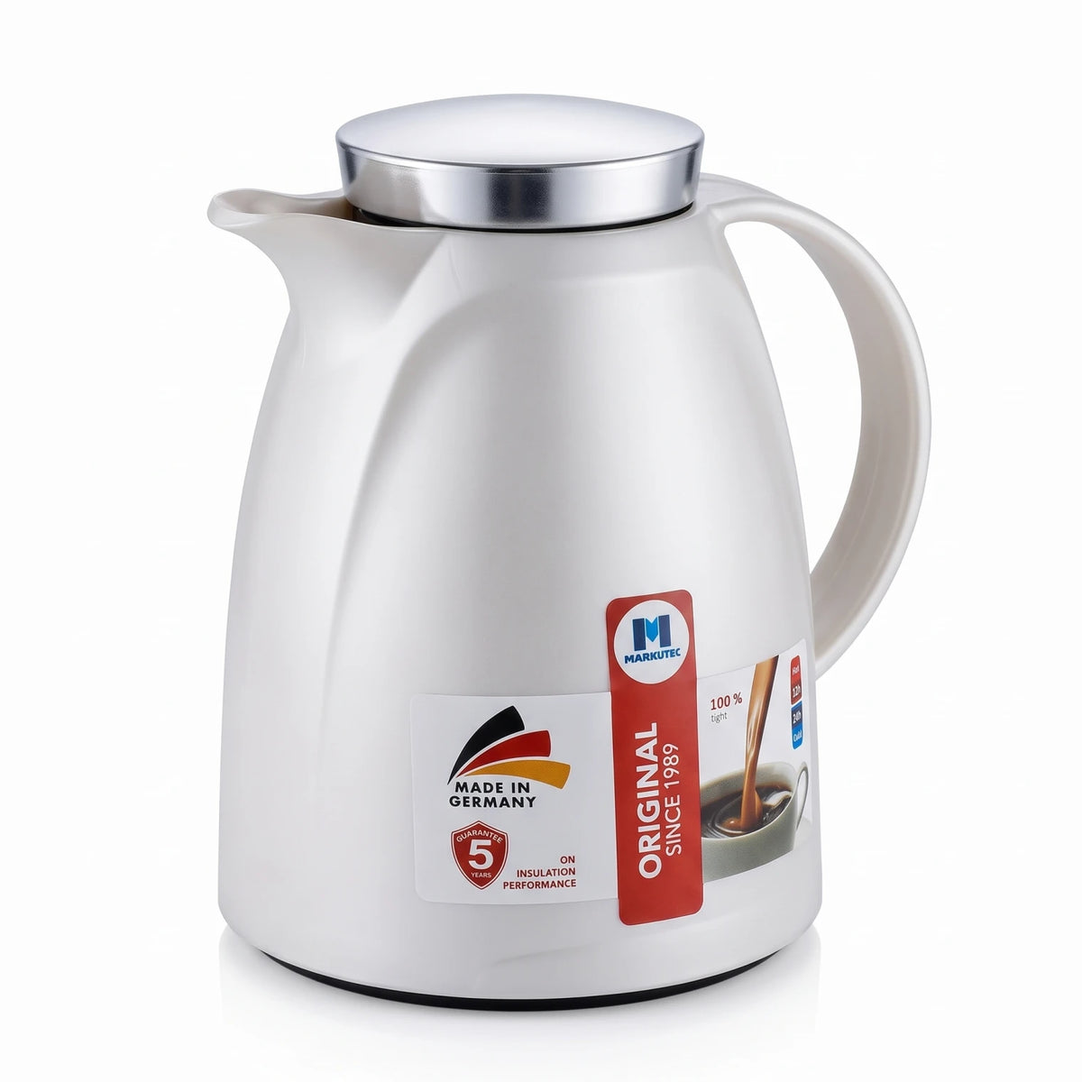 Markutec German-made Pearl White vaccum flask 0.36 Liters – Plastic Body | Leak Proof | Keeps Drinks Hot 12 Hours and Cold 24 Hours