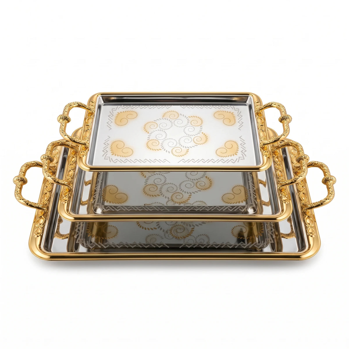 ARGTE Luxury 3-Piece Rectangular Serving Trays Set – Metallic Trays with Gold-Toned Handles and Floral-Etched Mirrored Bases