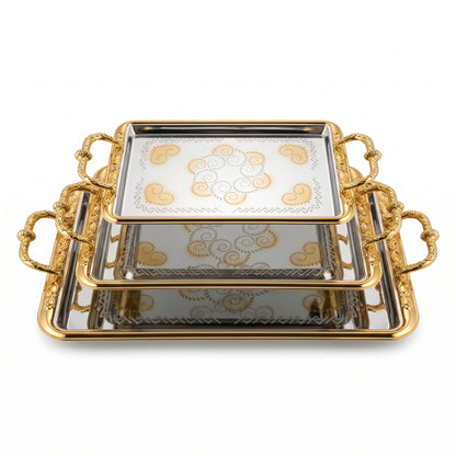 ARGTE Luxury 3-Piece Rectangular Serving Trays Set – Metallic Trays with Gold-Toned Handles and Floral-Etched Mirrored Bases