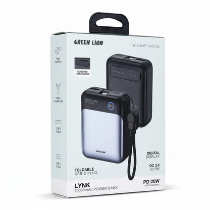 GREEN LION LYNK 10000mAh Power Bank – 22.5W QC 3.0, 20W PD Fast Charging, Digital Display & Foldable USB-C Plug with Built-In Kickstand