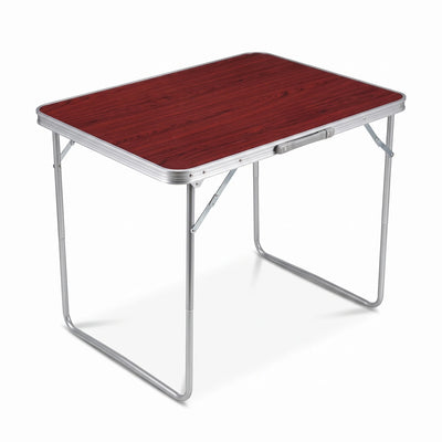 Alluminium Alloy Portable Folding Camping & Picnic Table – 70 x 60 x 80 cm | Maroon Wood-Grain Top | Outdoor Serving Table