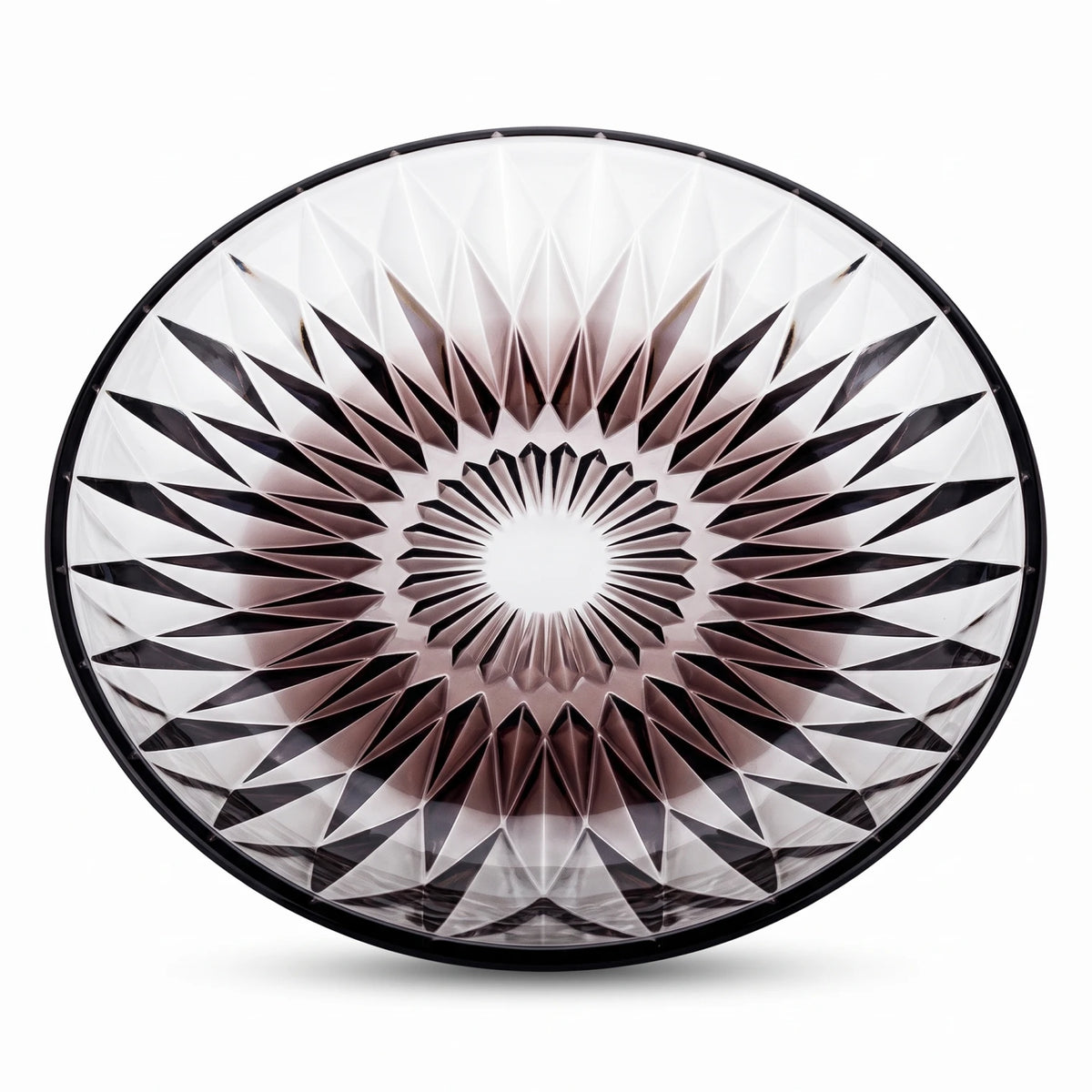 32 Cm Glass Transparent Black Serving Bowl – Round Faceted Starburst Design with Dark Geometric Rim
