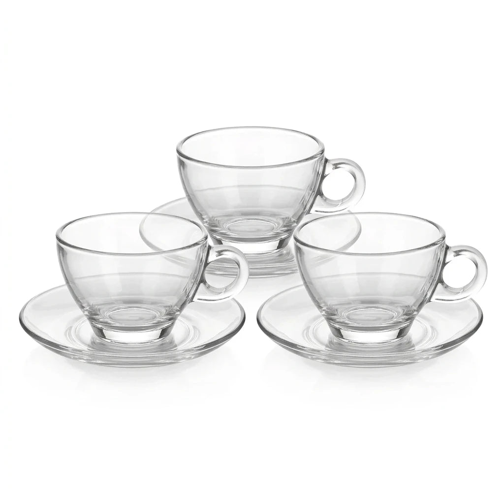 Ocean 3 Coffee Cups and Saucer Latte Set, 260 ML – Clear Glass Coffee Cups with Extra-Thick Design for Latte and Everyday Serving