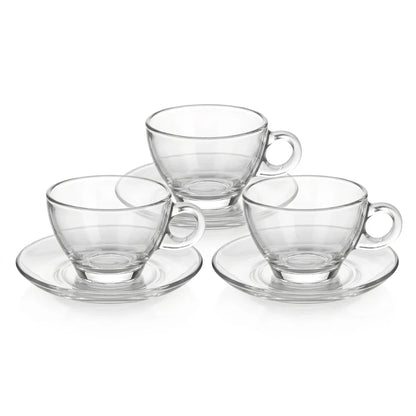 Ocean 3 Coffee Cups and Saucer Latte Set, 260 ML – Clear Glass Coffee Cups with Extra-Thick Design for Latte and Everyday Serving
