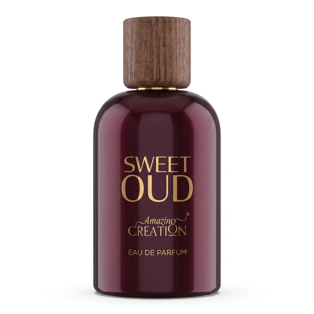 Amazing Creation SWEET OUD Eau de Parfum 100Ml – Oud Fragrance with Glossy Rounded Bottle and Wood-Patterned Cap