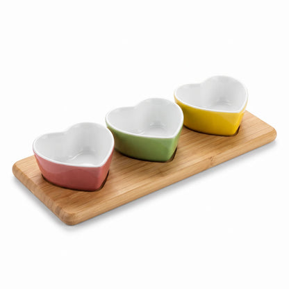 4-Piece Heart-Shaped Ceramic Bowl Set with Wooden Tray – Red, Green & Yellow Serving Bowls with Glossy White Interiors