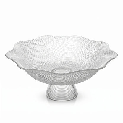 Clear Textured Glass Fruit Pedestal Bowl – Scalloped Rim, Footed Base | 10cm H x 26cm W x 26cm L, 8cm Base