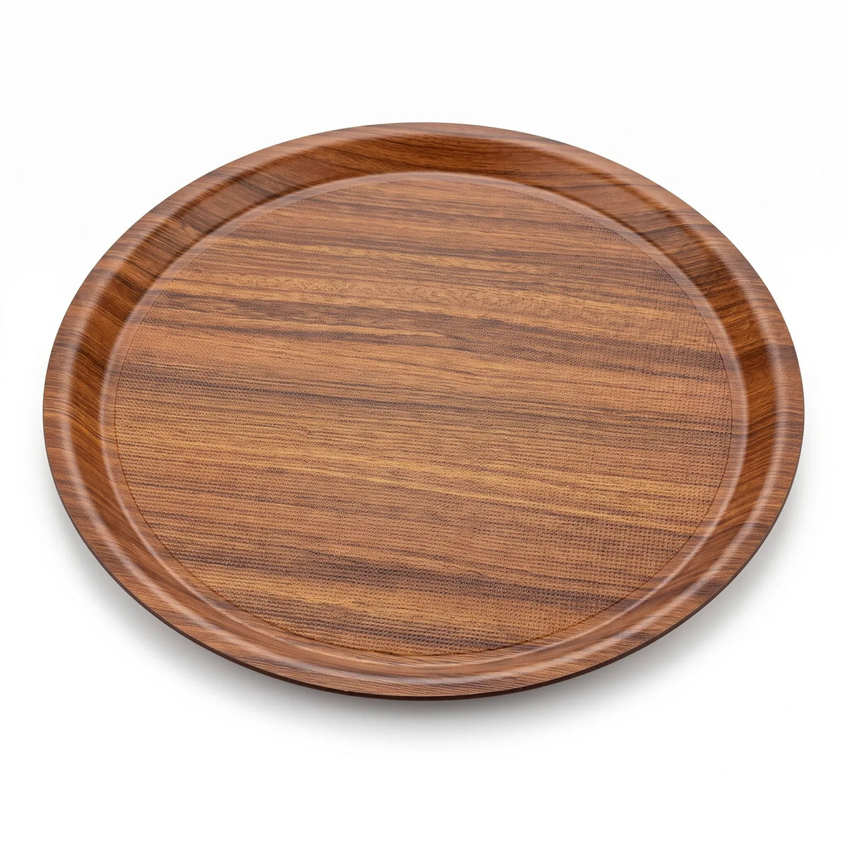 Evelin 38 CM Round Tray – Melamine Serving Tray in Wooden Color with Raised Rim and Textured Recessed Surface for Home Dining and Table Serving