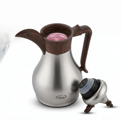 Ansa Traditional Arabic Stainless Steel Vacuum Flask – 0.35 or 0.6 Liters | Pink Glass Interior | Leak Proof Tea and Coffee Server - Matte Silver - Wood / 0.35 Liters - Image 1