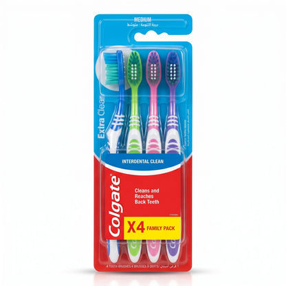 Colgate Interdental Clean Medium Toothbrushes 4 Pack – Assorted Green, Pink, Purple and Blue | Reaches Back Teeth