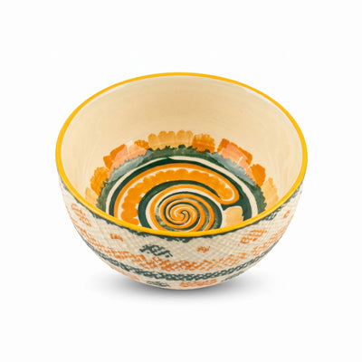 12 CM Ceramic Bowl – Yellow Rim with Orange, Green & Cream Decorative Spiral Pattern | Round Tableware Bowl