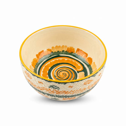 12 CM Ceramic Bowl – Yellow Rim with Orange, Green & Cream Decorative Spiral Pattern | Round Tableware Bowl