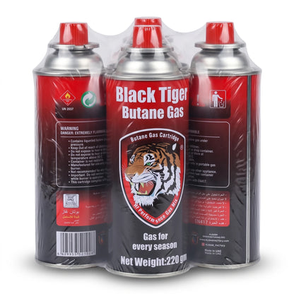 Black tiger Butane Gas 4x220gm Pack – Non-Refillable Cartridges for Portable Gas Burners, EN417 Compliant
