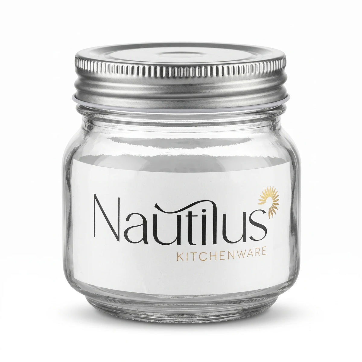 Natilis Glass Storage Jar with Steel Lid – 9 cm Height, 8 cm Width | Clear Cylindrical Kitchen Container with Ribbed Screw Lid