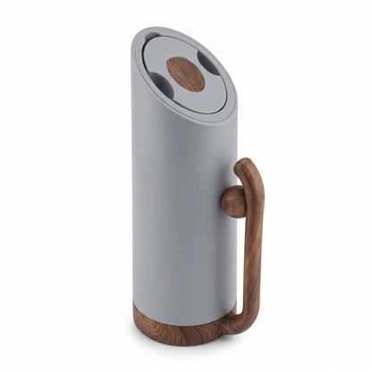 MAHRA Matte Grey vaccum flask 0.8 Liter – Wood Grain Handle and Base | Leak Proof Tea and Coffee Flask