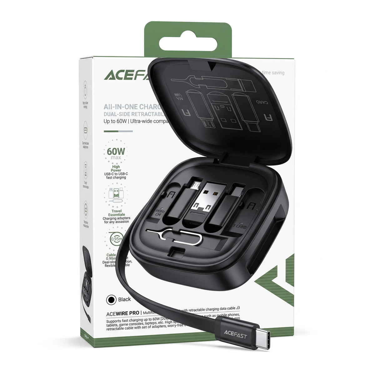 ACEFAST ACEWIRE PRO J3 All-in-One Retractable Charging Data Cable Set – 0.95m Black Cable, 60W USB-C Fast Charging, Travel Storage Box