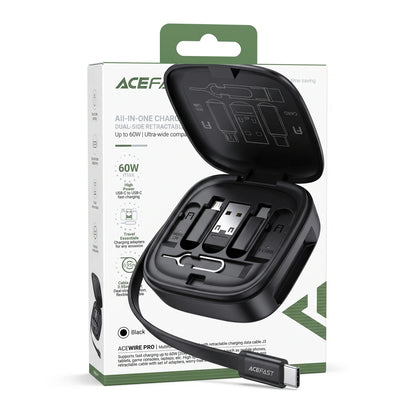 ACEFAST ACEWIRE PRO J3 All-in-One Retractable Charging Data Cable Set – 0.95m Black Cable, 60W USB-C Fast Charging, Travel Storage Box