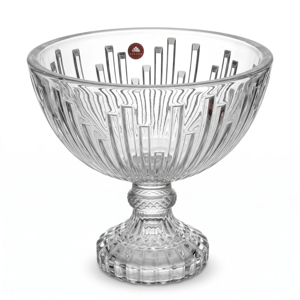 SAKURA Crystal Glass Footed Decorative Serving Bowl – 22 cm High x 23 cm Wide | Ribbed Design for Fruits, Desserts and Trifle