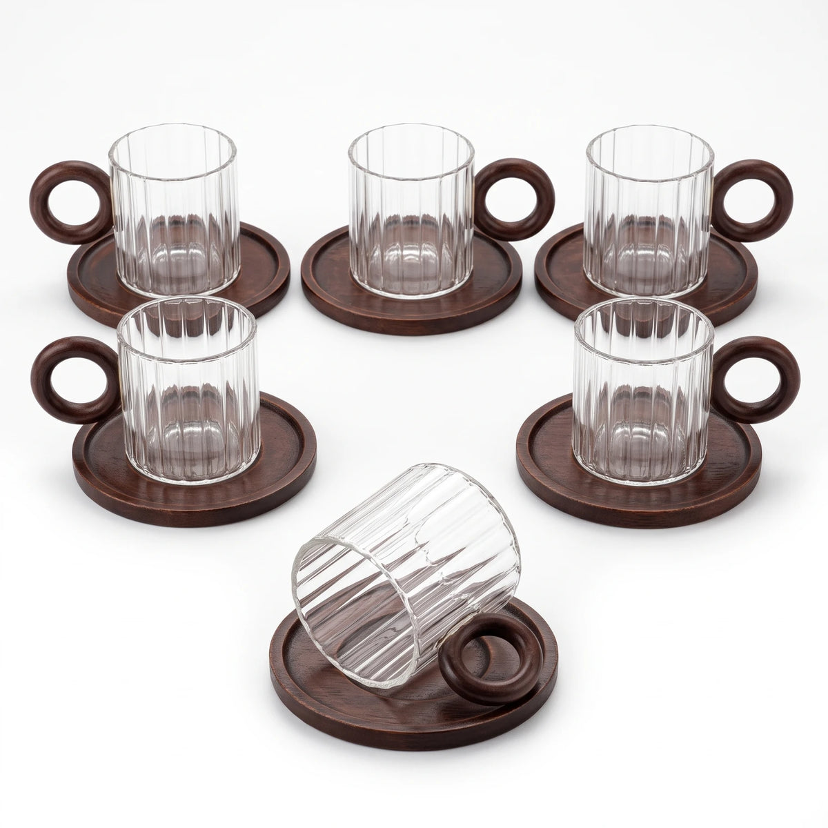 6-Piece Glass Cup Set with Wooden Saucers – Clear Ribbed Cups, Dark Brown Handles and Matching Serving Saucers