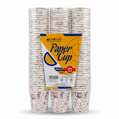 Eco Kraft Paper Cup 4 oz, 150-Piece Pack – Disposable Coffee Cups with Coffee House Design, White and Brown Printed Paper Cups
